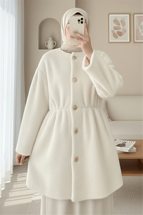 İçi Astarlı Beli Büzgülü Kürklü Ceket  -Krem-Ceket-398-99009-R28