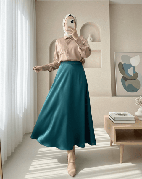 تنورة واسعة من الساتان مبطنة - زمرد-Kloş Etek-123-3038S-R17