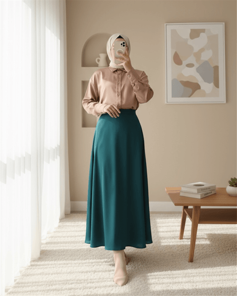 تنورة واسعة من الساتان مبطنة - زمرد-Kloş Etek-123-3038S-R17