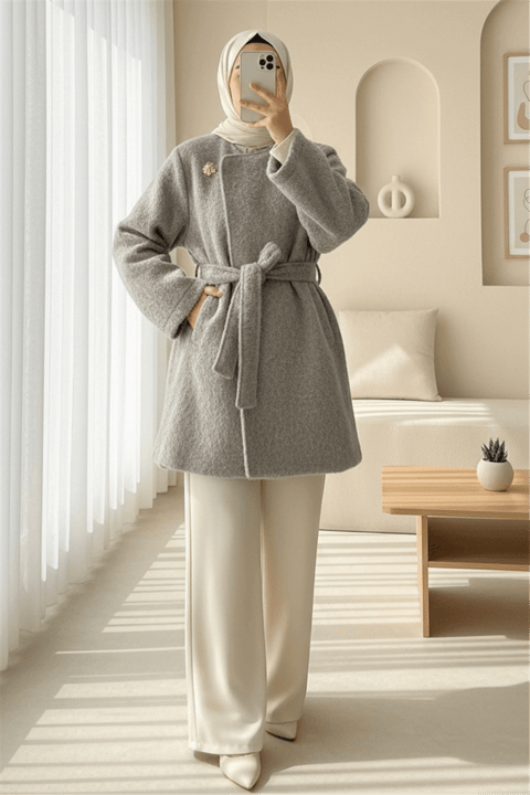İçi Astarlı Tek Düğmeli Kemerli Sakallı Kap -Taş-Trençkot-223-3077-R43