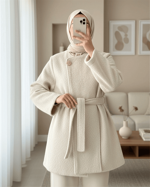 İçi Astarlı Tek Düğmeli Kemerli Sakallı Kap -Krem-Trençkot-223-3077-R28