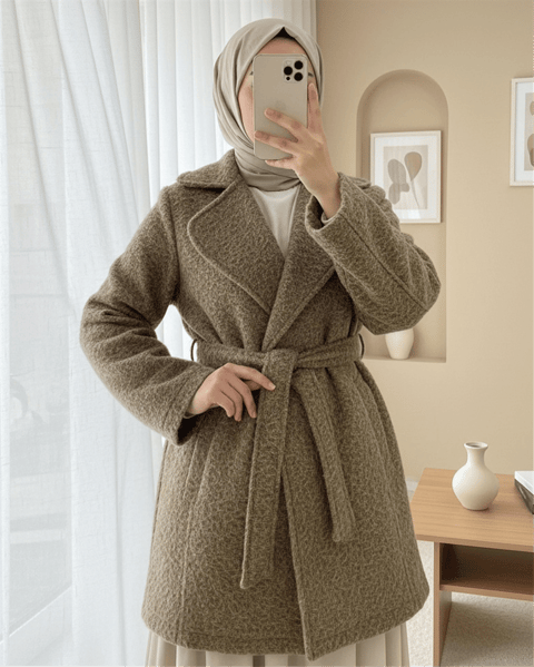 İçi Astarlı Tek Düğmeli Kemerli Sakallı Kap -Karamel-Trençkot-223-3077-R63