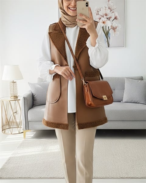 İçi Kuzu Peluş Çift Cepli Yelek   -Taba-Yelek-398-9023-R12