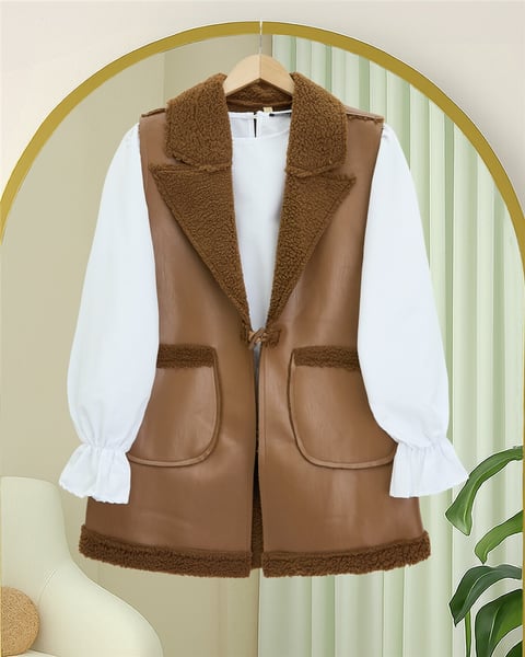 İçi Kuzu Peluş Çift Cepli Yelek   -Taba-Yelek-398-9023-R12