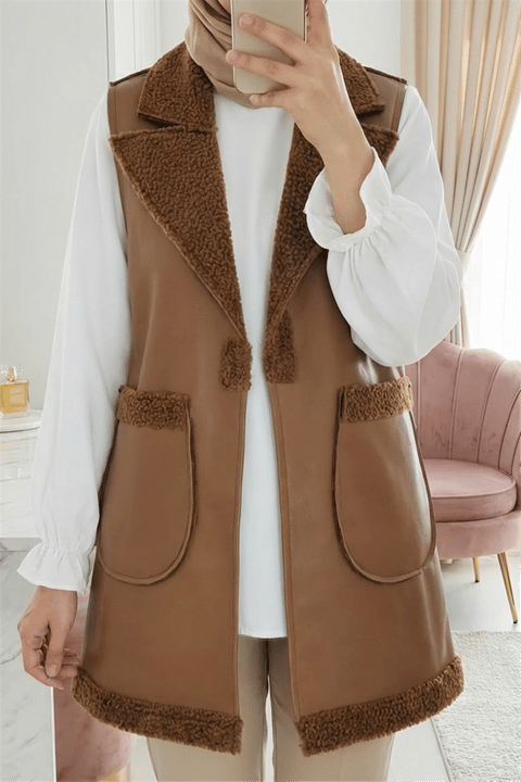 İçi Kuzu Peluş Çift Cepli Yelek   -Taba-Yelek-398-9023-R12