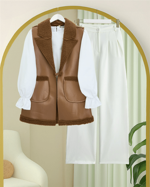 İçi Kuzu Peluş Çift Cepli Yelek   -Taba-Yelek-398-9023-R12