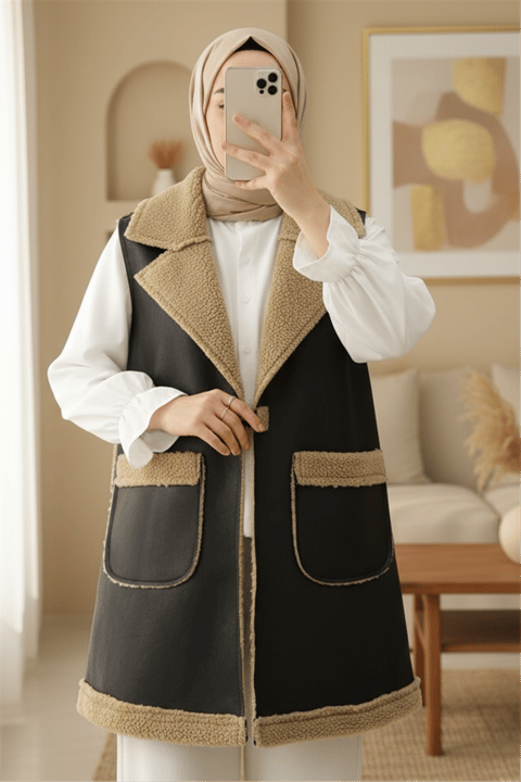 İçi Kuzu Peluş Çift Cepli Yelek  -Vizon-Yelek-398-9023-R23