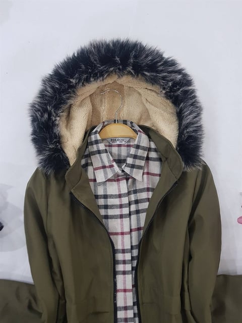 İçi Kuzu Peluş Paraşüt Kumaş Mont  -Haki