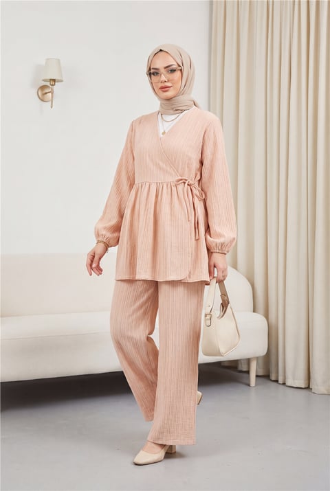 İçten Bağlamalı Tunik Bol Paça Pantolonlu Takım -Vizon-Takım-223-3061-R23