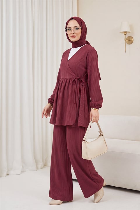 İçten Bağlamalı Tunik Bol Paça Pantolonlu Takım -Bordo-Takım-223-3061-R04