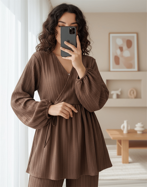 İçten Bağlamalı Tunik Bol Paça Pantolonlu Takım -Kahve-Takım-223-3061-R15