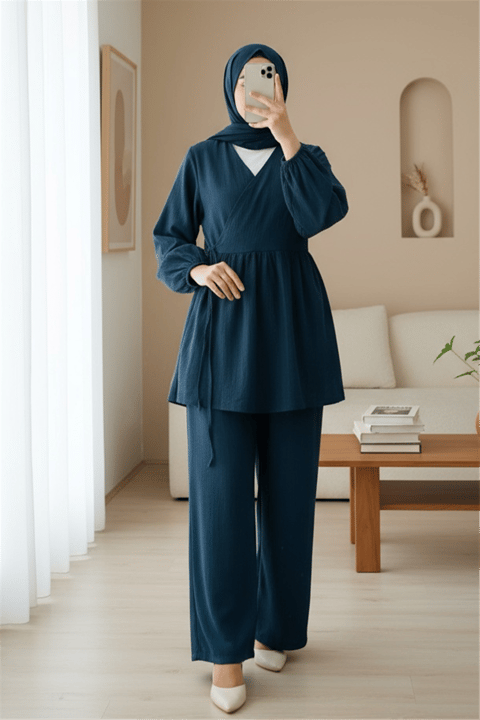 İçten Bağlamalı Tunik Bol Paça Pantolonlu Takım -Laci-Takım-223-3061-R03