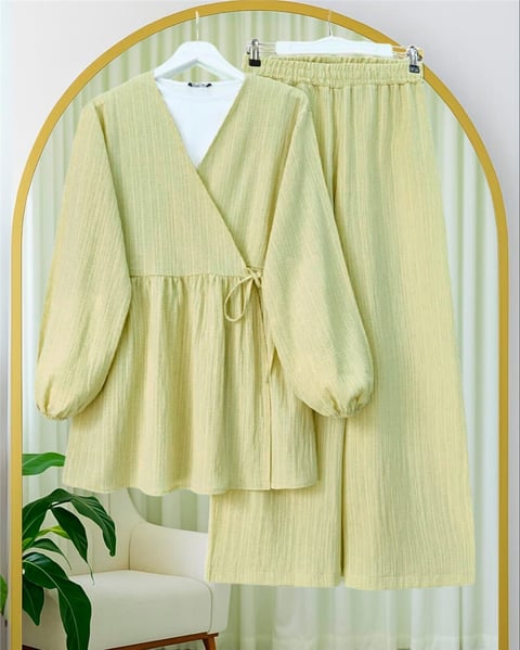İçten Bağlamalı Tunik Bol Paça Pantolonlu Takım -Yağ Yeşili-Takım-223-3061-R72