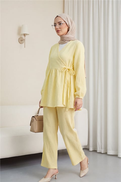 İçten Bağlamalı Tunik Bol Paça Pantolonlu Takım -Sarı-Takım-223-3061-R22