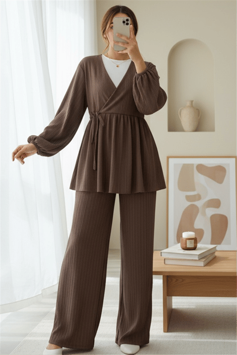 İçten Bağlamalı Tunik Bol Paça Pantolonlu Takım -Kahve-Takım-223-3061-R15