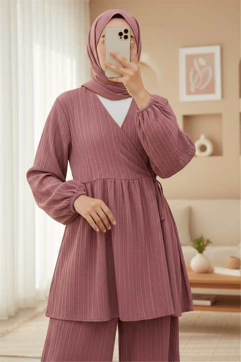 İçten Bağlamalı Tunik Bol Paça Pantolonlu Takım -Vişne-Takım-223-3061-R44
