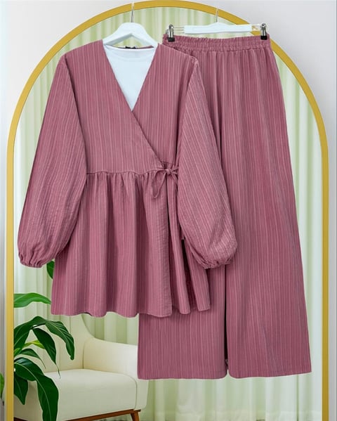 İçten Bağlamalı Tunik Bol Paça Pantolonlu Takım -Vişne-Takım-223-3061-R44