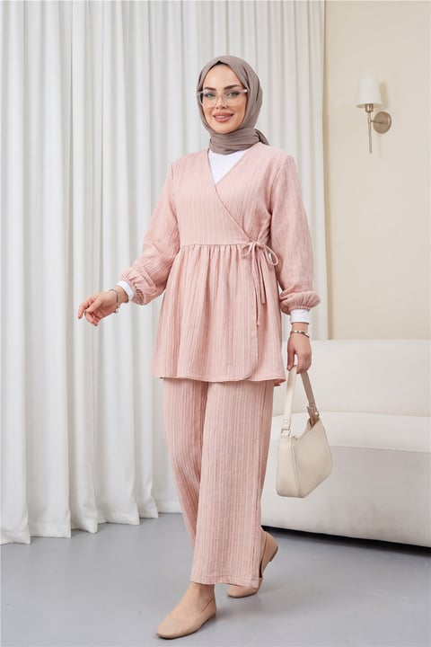 İçten Bağlamalı Tunik Bol Paça Pantolonlu Takım -Vizon-Takım-223-3061-R23