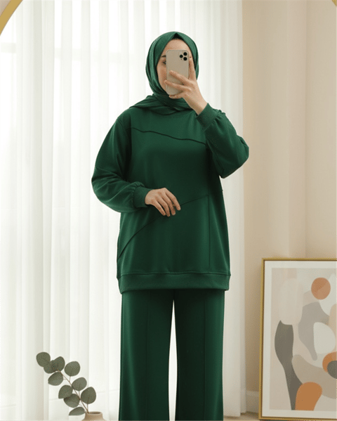 İki İp Çimalı Pantolonlu Penye Takım -Zümrüt-Takım-153-1339-R17