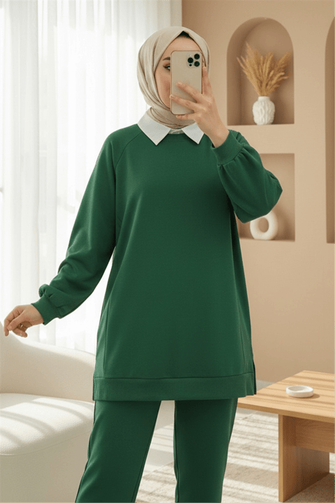 İki İp Yırtmaçlı Parçalı Salaş Penye Tunik -Zümrüt-Tunik-104-1587-R17