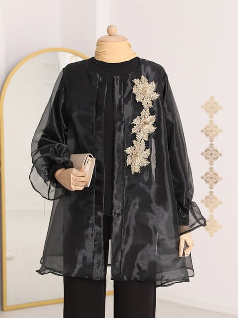 İkili Organze Tül Tunik -Siyah