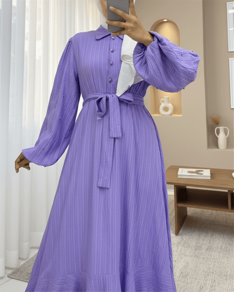 İnci Detaylı Balon Kol Eteği Volanlı Yarım Düğmeli Krınkıl Elbise-Lila-Elbise-253-12849-R42