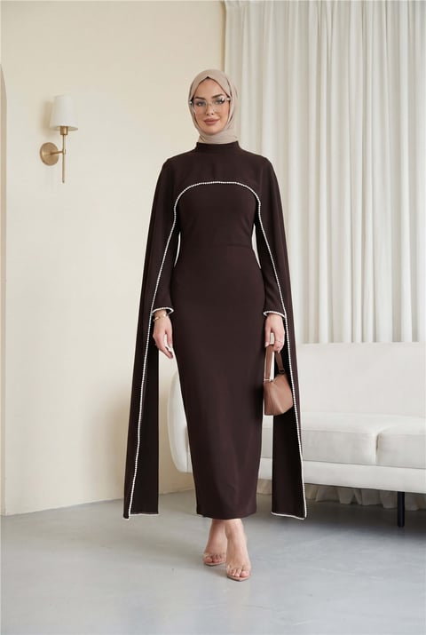 İnci Detaylı Çıkarılabilir Pelerinli İspanyol Kol Astarlı Krep Abaya Elbise  -Koyu Kahverengi-Elbise-386-6280-R54