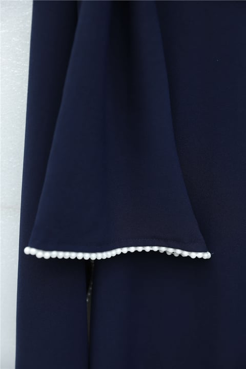 İnci Detaylı Çıkarılabilir Pelerinli İspanyol Kol Astarlı Krep Abaya Elbise  -Lacivert-Elbise-386-6280-R03