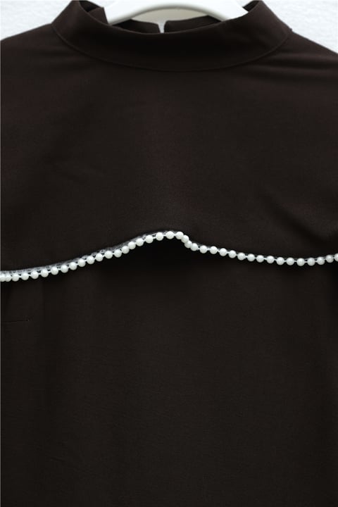 İnci Detaylı Çıkarılabilir Pelerinli İspanyol Kol Astarlı Krep Abaya Elbise  -Koyu Kahverengi-Elbise-386-6280-R54