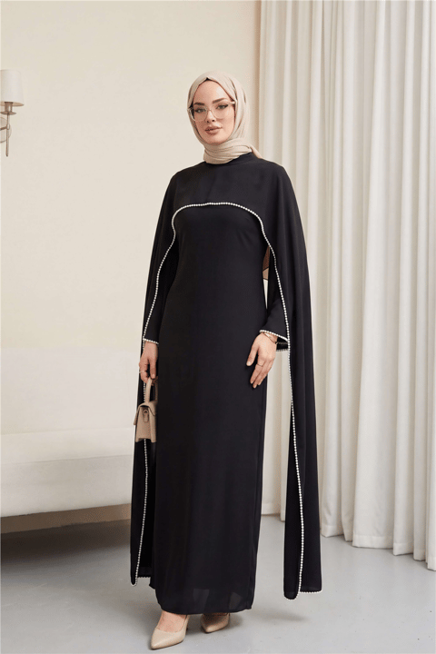 İnci Detaylı Çıkarılabilir Pelerinli İspanyol Kol Astarlı Krep Abaya Elbise -Siyah-Elbise-386-6280-R01