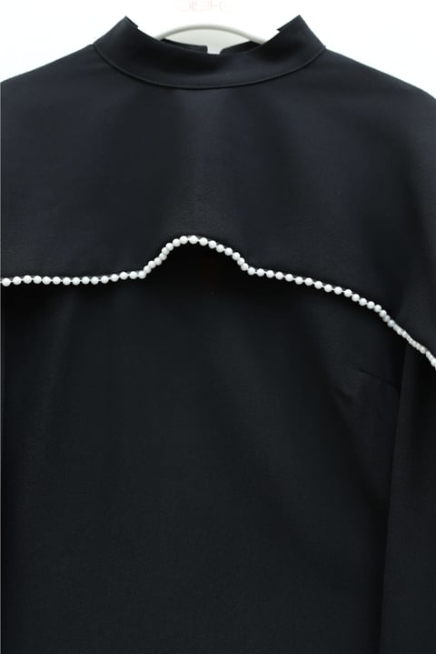 İnci Detaylı Çıkarılabilir Pelerinli İspanyol Kol Astarlı Krep Abaya Elbise -Siyah-Elbise-386-6280-R01