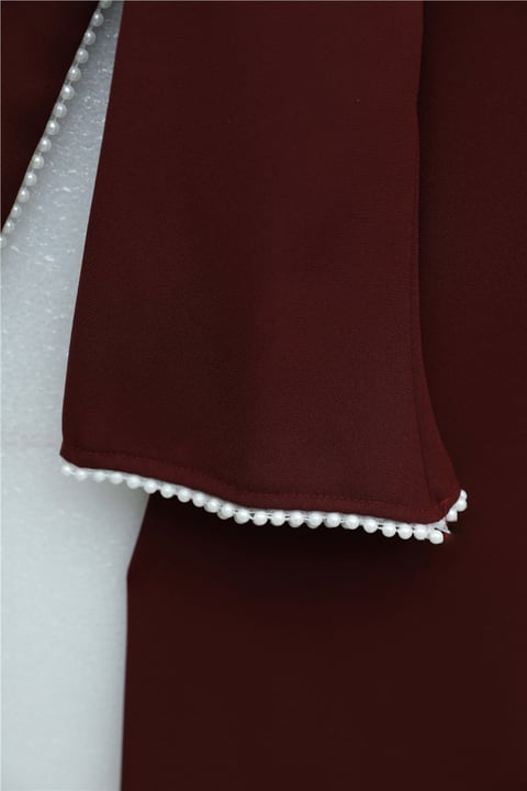 İnci Detaylı Çıkarılabilir Pelerinli İspanyol Kol Astarlı Krep Abaya Elbise  -Bordo-Elbise-386-6280-R04