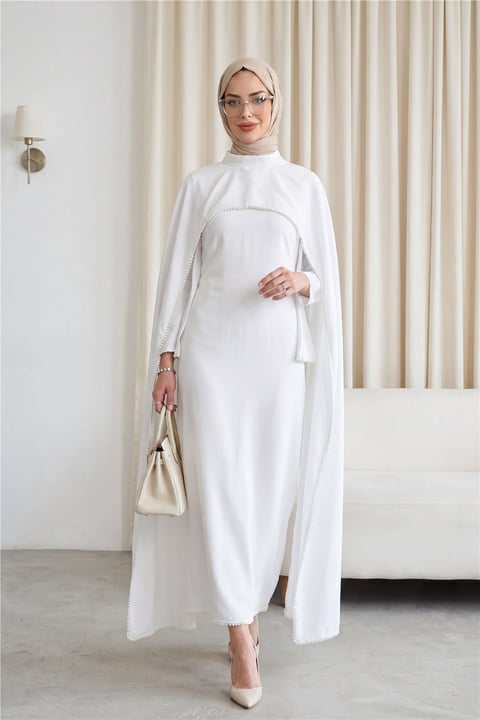 İnci Detaylı Çıkarılabilir Pelerinli İspanyol Kol Astarlı Krep Abaya Elbise  -Beyaz-Elbise-386-6280-R02