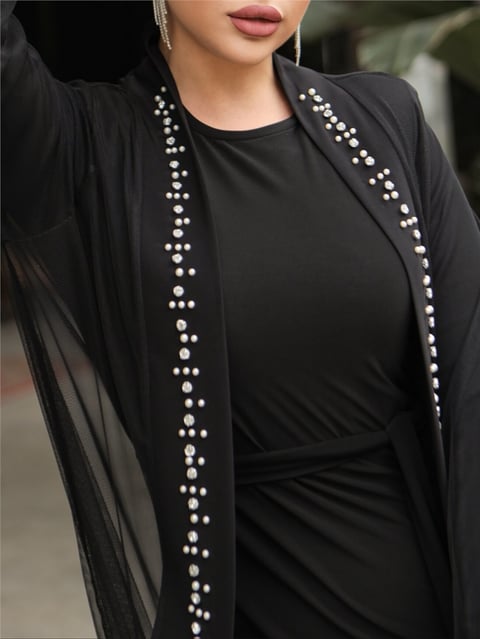 İncili Taşlı İkili Abaya Takım -Siyah-Abaya-118-3153-R01