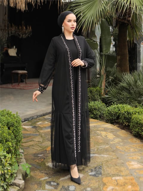 İncili Taşlı İkili Abaya Takım -Siyah-Abaya-118-3153-R01