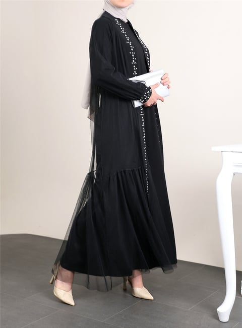 İncili Taşlı İkili Abaya Takım -Siyah-Abaya-118-3153-R01