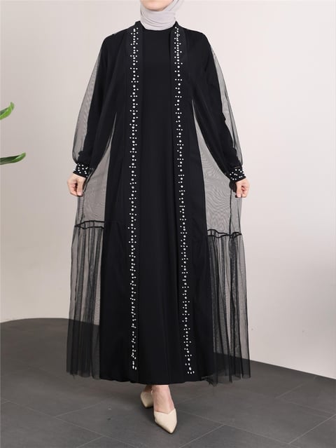 İncili Taşlı İkili Abaya Takım -Siyah-Abaya-118-3153-R01