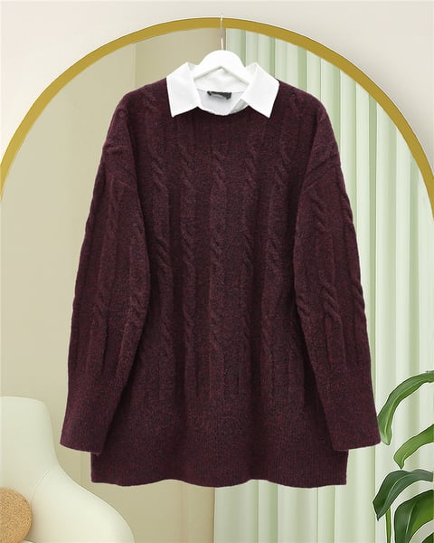 Kabartma Desenli Yumoş Triko Kazak -Bordo-Kazak-109-0943-R04