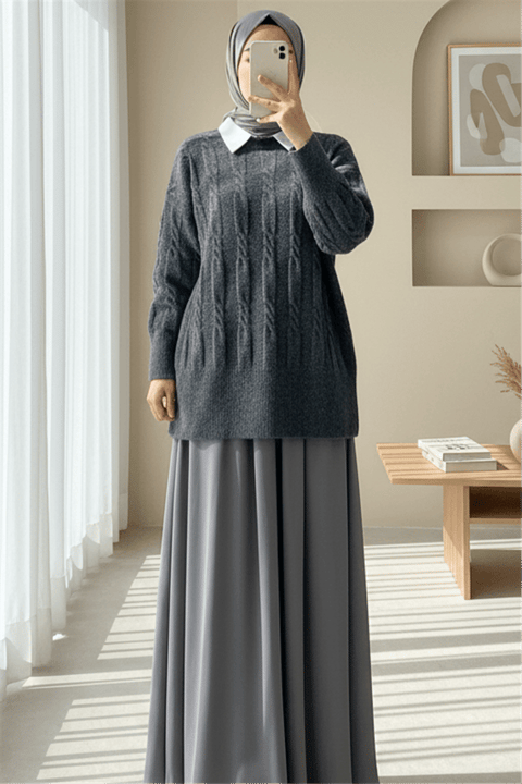Kabartma Desenli Yumoş Triko Kazak   -Füme-Kazak-109-0943-R18