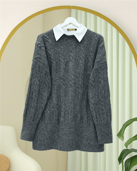 Kabartma Desenli Yumoş Triko Kazak   -Füme-Kazak-109-0943-R18