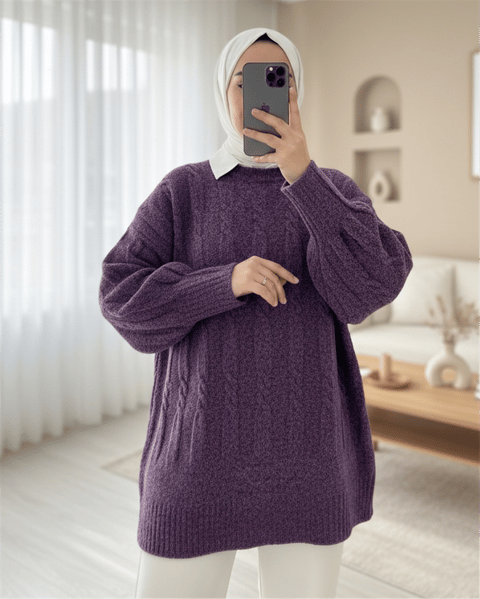 Kabartma Desenli Yumoş Triko Kazak -Mor-Kazak-109-0943-R34