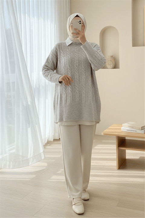 Kabartma Desenli Yumoş Triko Kazak -Taş-Kazak-109-0943-R43