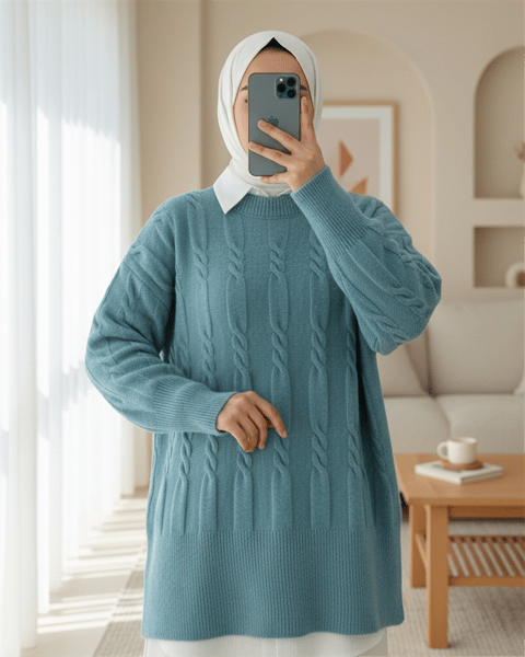 Kabartma Desenli Yumoş Triko Kazak  -Turkuaz-Kazak-109-0943-R19