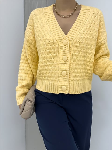 Kabartma Örgülü Düğmeli Triko Hırka  -Açık Sarı-Hırka-109-0260-R75