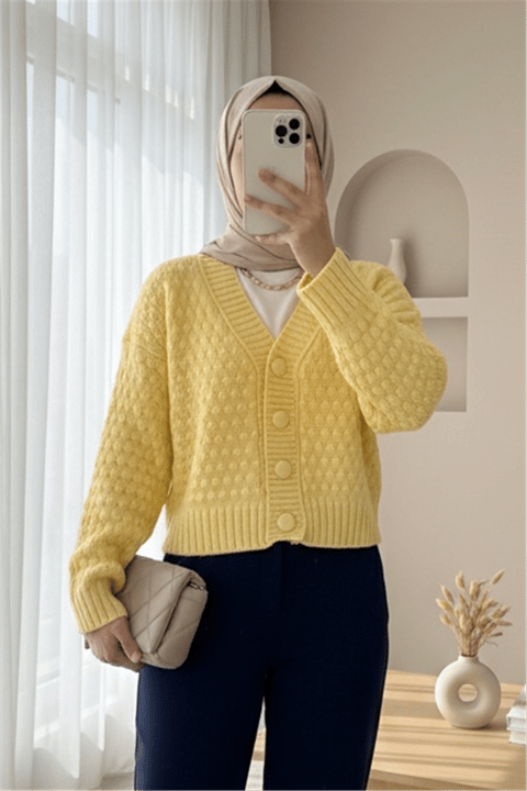 Kabartma Örgülü Düğmeli Triko Hırka  -Açık Sarı-Hırka-109-0260-R75