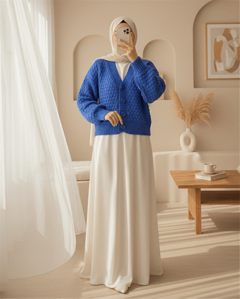 Kabartma Örgülü Düğmeli Triko Hırka  -Saks-Hırka-109-0260-R10