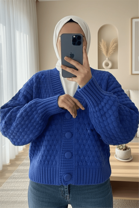 Kabartma Örgülü Düğmeli Triko Hırka  -Saks-Hırka-109-0260-R10