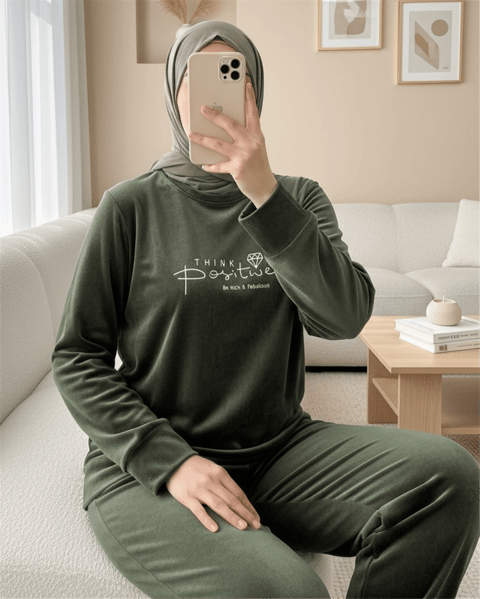 Kabartma Yazılı Fransız Kadife Pijama Takımı -Haki-Pijama-416-59700-R05