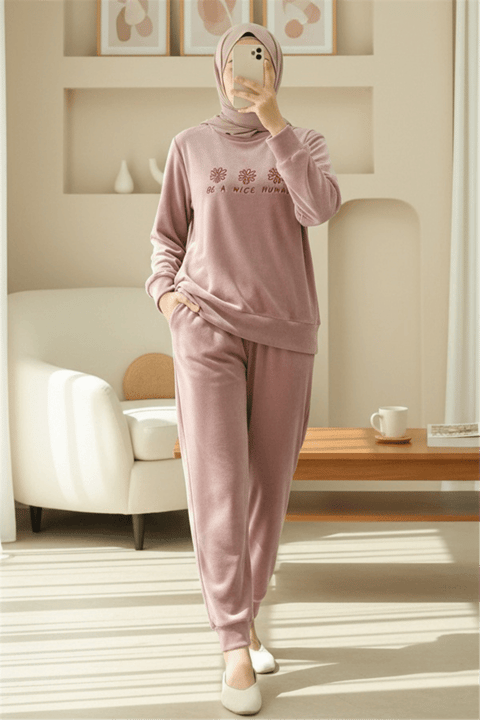 Kabartma Yazılı Fransız Kadife Pijama Takımı -G.Kurusu-Pijama-416-59700-R27