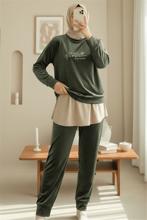 Kabartma Yazılı Fransız Kadife Pijama Takımı -Haki-Pijama-416-59700-R05